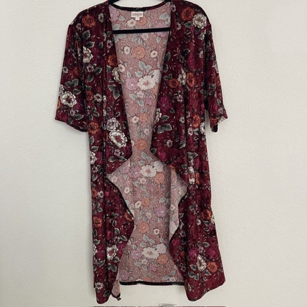 LuLaRoe Burgundy "Sara" Velvety Crushed Floral Kimono.